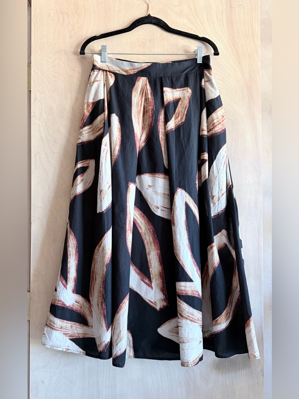 DKNY Cotton Abstract A-Line Midi Skirt Pockets Black Cream Brown Women’s Small